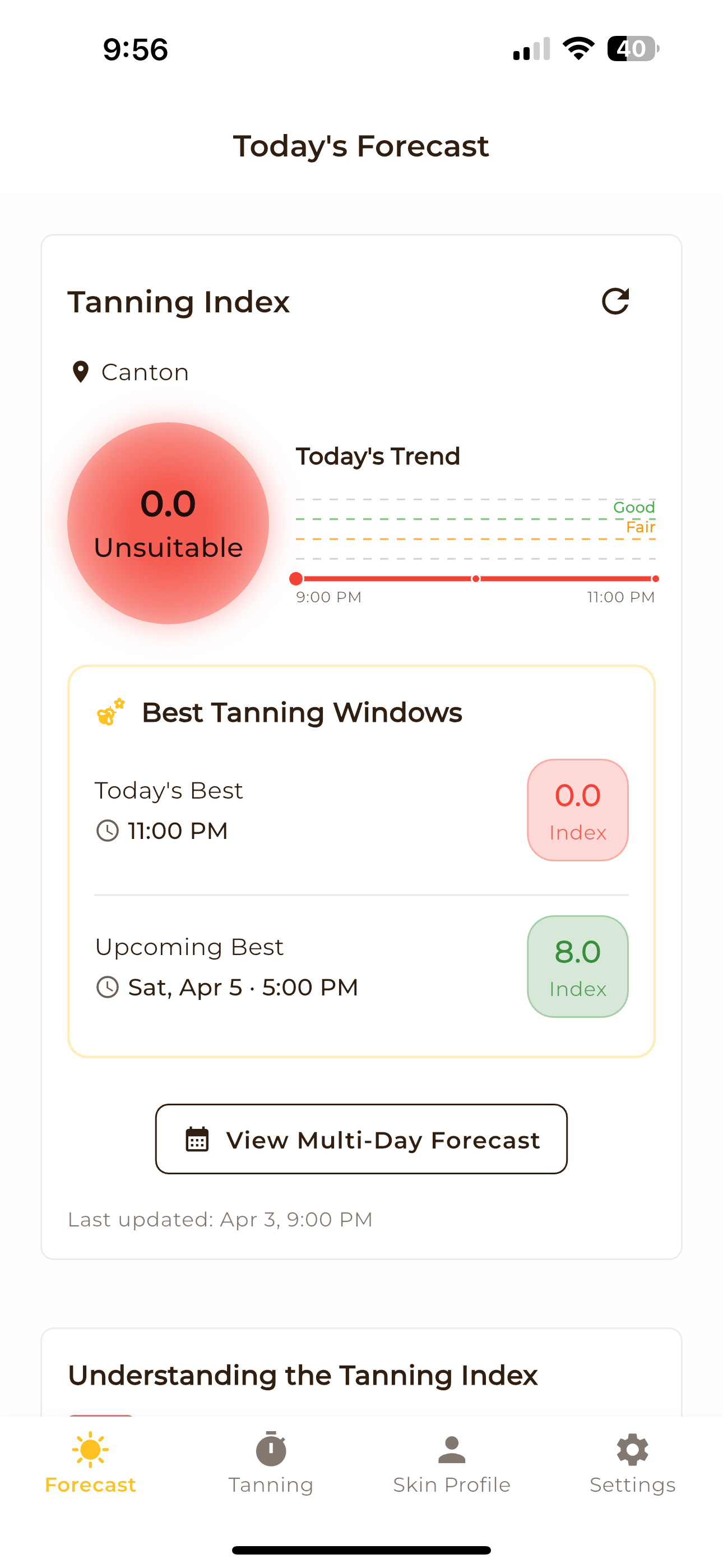UV Tan app screenshot showing the tanning index forecast